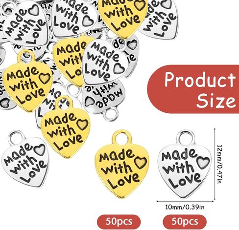 100pcs Made with Love Charms Silver and Gold Heart Shape Charms Flat Tiny Metal Heart Charm Alloy Word Message Charm, Handmade Metal Labels Printed Made with Love Tags Label Pendant for Jewelry Making in Kuwait