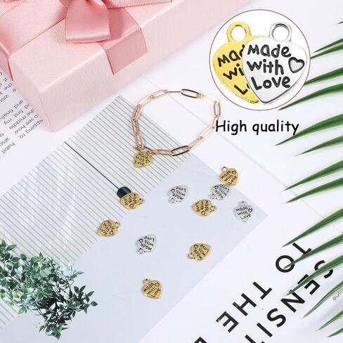 100pcs Made with Love Charms Silver and Gold Heart Shape Charms Flat Tiny Metal Heart Charm Alloy Word Message Charm, Handmade Metal Labels Printed Made with Love Tags Label Pendant for Jewelry Making in Kuwait