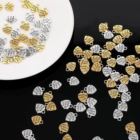 100pcs Made with Love Charms Silver and Gold Heart Shape Charms Flat Tiny Metal Heart Charm Alloy Word Message Charm, Handmade Metal Labels Printed Made with Love Tags Label Pendant for Jewelry Making in Kuwait