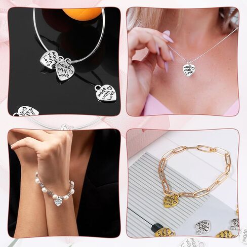 100pcs Made with Love Charms Silver and Gold Heart Shape Charms Flat Tiny Metal Heart Charm Alloy Word Message Charm, Handmade Metal Labels Printed Made with Love Tags Label Pendant for Jewelry Making in Kuwait