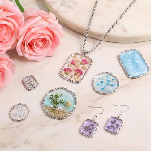 Larrel Open Bezels for PET Jewelry Making, 30 Pcs Silver Elegant Open Back Bezel Pendants, Hollow Frame Pendants Jewelry Making Kit for Earrings, Necklaces, Bracelets, Pressed Flower Charms in Kuwait