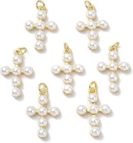 LiQunSweet 10 Pcs Golden Color Cross Brass Charms Religious Imitation Pearl Crucifix Jesus Charms for DIY Jewelry Necklace Craft Bag Decoration in Kuwait