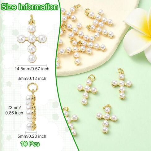 LiQunSweet 10 Pcs Golden Color Cross Brass Charms Religious Imitation Pearl Crucifix Jesus Charms for DIY Jewelry Necklace Craft Bag Decoration in Kuwait