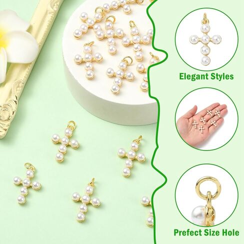 LiQunSweet 10 Pcs Golden Color Cross Brass Charms Religious Imitation Pearl Crucifix Jesus Charms for DIY Jewelry Necklace Craft Bag Decoration in Kuwait