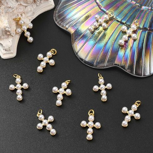 LiQunSweet 10 Pcs Golden Color Cross Brass Charms Religious Imitation Pearl Crucifix Jesus Charms for DIY Jewelry Necklace Craft Bag Decoration in Kuwait