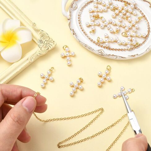 LiQunSweet 10 Pcs Golden Color Cross Brass Charms Religious Imitation Pearl Crucifix Jesus Charms for DIY Jewelry Necklace Craft Bag Decoration in Kuwait