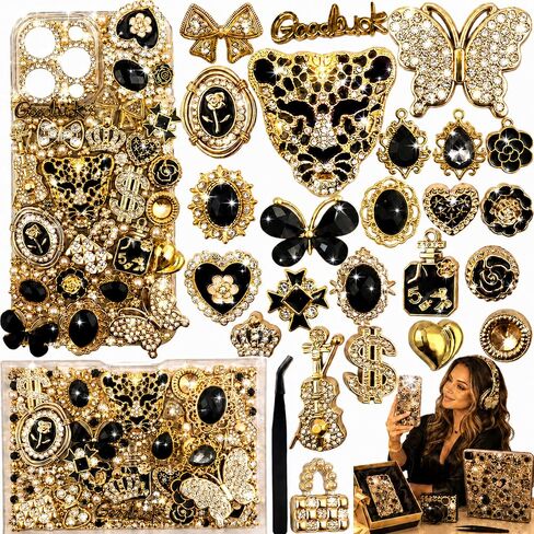 Junk Case Large Charm Kit, Glam Black Phone Case Charms with Black Rhinestone Leopard Head,Blackk Rhinestone Butterflies&Black Alloy Flower for DIY Girls & Social Media Crafting in Saudi Arabia