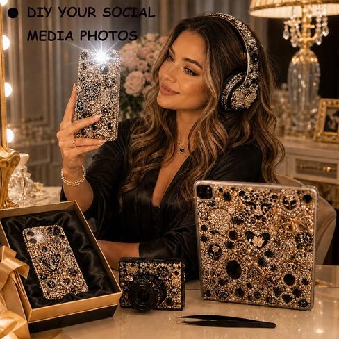 Junk Case Large Charm Kit, Glam Black Phone Case Charms with Black Rhinestone Leopard Head,Blackk Rhinestone Butterflies&Black Alloy Flower for DIY Girls & Social Media Crafting in Saudi Arabia