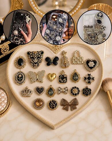 Junk Case Large Charm Kit, Glam Black Phone Case Charms with Black Rhinestone Leopard Head,Blackk Rhinestone Butterflies&Black Alloy Flower for DIY Girls & Social Media Crafting in Saudi Arabia