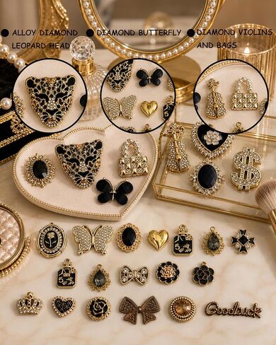 Junk Case Large Charm Kit, Glam Black Phone Case Charms with Black Rhinestone Leopard Head,Blackk Rhinestone Butterflies&Black Alloy Flower for DIY Girls & Social Media Crafting in Saudi Arabia