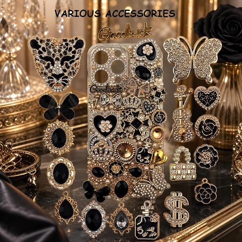 Junk Case Large Charm Kit, Glam Black Phone Case Charms with Black Rhinestone Leopard Head,Blackk Rhinestone Butterflies&Black Alloy Flower for DIY Girls & Social Media Crafting in Saudi Arabia