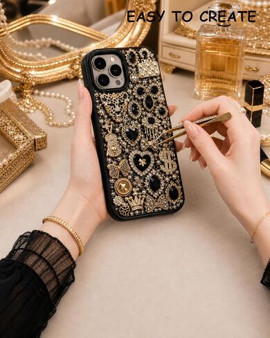 Junk Case Large Charm Kit, Glam Black Phone Case Charms with Black Rhinestone Leopard Head,Blackk Rhinestone Butterflies&Black Alloy Flower for DIY Girls & Social Media Crafting in Saudi Arabia