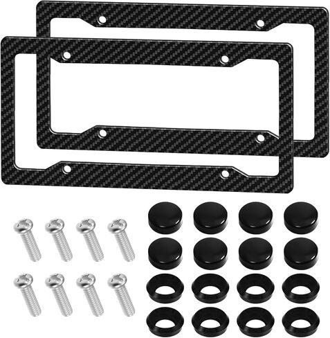 2PCS Carbon Fiber License Plate Frame, License Plate Tag Cover, Car Tag Cover for Front & Rear with Fasteners and Screws, Universal Holder Waterproof Plastic Number Plate Frame for Most Cars in Kuwait