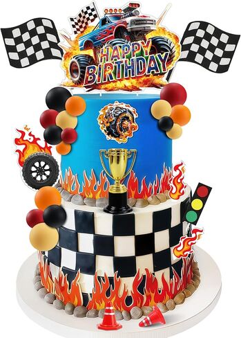 Monster Truck Cake Toppers 45Pcs Truck Cake Flame Blaze Wheel Race Car Cake Toppers For Kid Boy Truck Themed Racing Car Party in Saudi Arabia