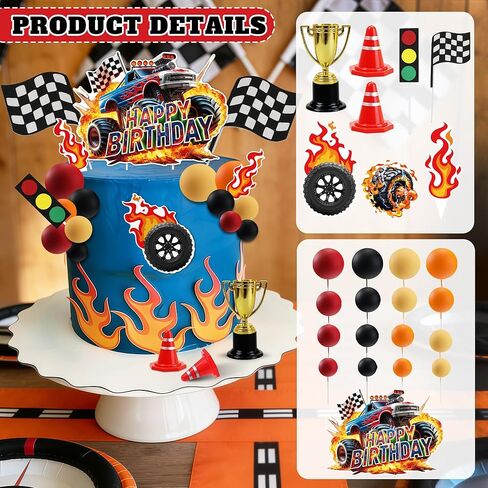 Monster Truck Cake Toppers 45Pcs Truck Cake Flame Blaze Wheel Race Car Cake Toppers For Kid Boy Truck Themed Racing Car Party in Saudi Arabia