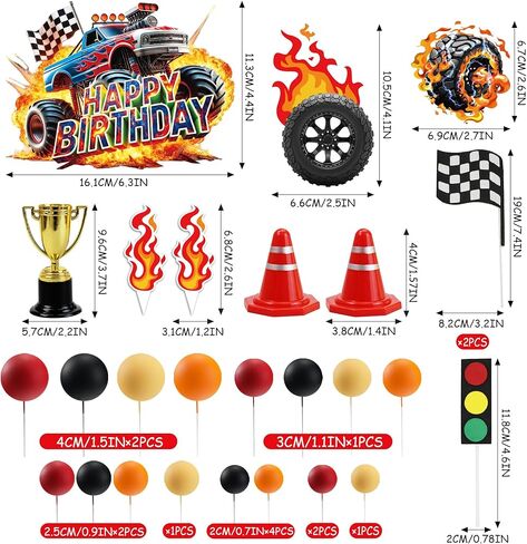Monster Truck Cake Toppers 45Pcs Truck Cake Flame Blaze Wheel Race Car Cake Toppers For Kid Boy Truck Themed Racing Car Party in Saudi Arabia