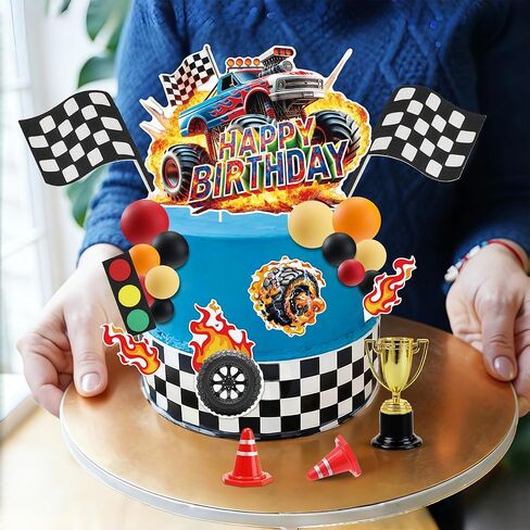 Monster Truck Cake Toppers 45Pcs Truck Cake Flame Blaze Wheel Race Car Cake Toppers For Kid Boy Truck Themed Racing Car Party in Saudi Arabia