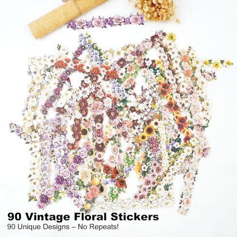 90PCS Vintage Floral Border Stickers – Retro Botanical Adhesive Flower Strips for Scrapbooking, Journaling, DIY Cards, Planners and Crafts in Saudi Arabia