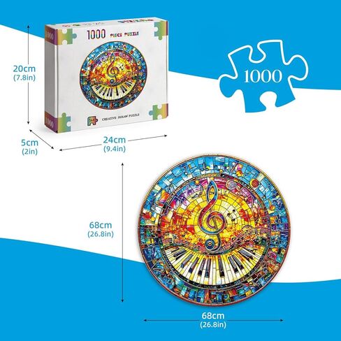 1000 Piece Round Jigsaw Puzzle for Adults - 3D Visual Stained-Glass Piano Music, 26.8" Diameter - Circular Brain Challenge & Artistic Wall Decor, Mindful Gift for Famiy Relaxation in Saudi Arabia