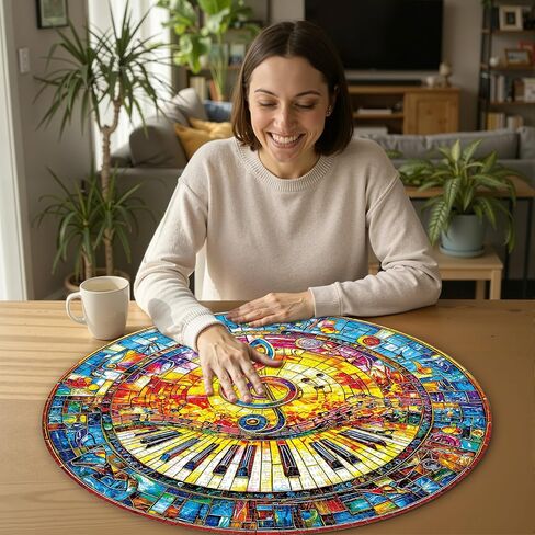1000 Piece Round Jigsaw Puzzle for Adults - 3D Visual Stained-Glass Piano Music, 26.8" Diameter - Circular Brain Challenge & Artistic Wall Decor, Mindful Gift for Famiy Relaxation in Saudi Arabia