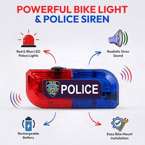 Darice Pretend Police Bike Light with Siren - Red and Blue Flashing Lights, Rechargeable LED Bicycle Safety Lights for Kids Bikes & Scooters - Bright Light and Siren for Bike Kids Ages 5+ in Kuwait