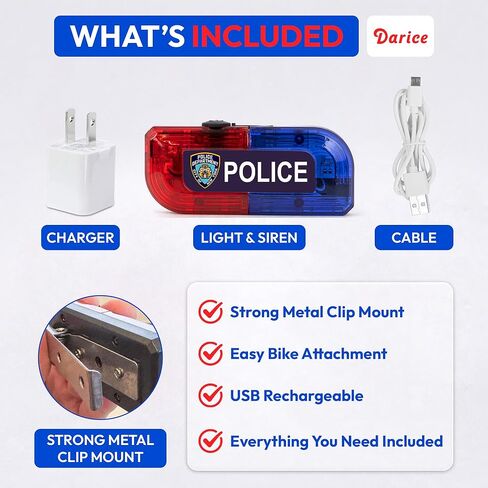 Darice Pretend Police Bike Light with Siren - Red and Blue Flashing Lights, Rechargeable LED Bicycle Safety Lights for Kids Bikes & Scooters - Bright Light and Siren for Bike Kids Ages 5+ in Kuwait