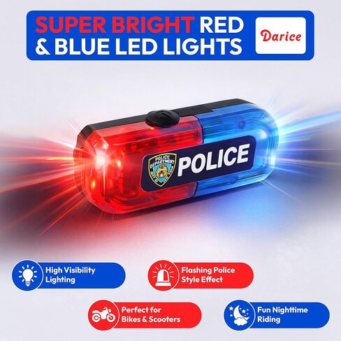 Darice Pretend Police Bike Light with Siren - Red and Blue Flashing Lights, Rechargeable LED Bicycle Safety Lights for Kids Bikes & Scooters - Bright Light and Siren for Bike Kids Ages 5+ in Kuwait