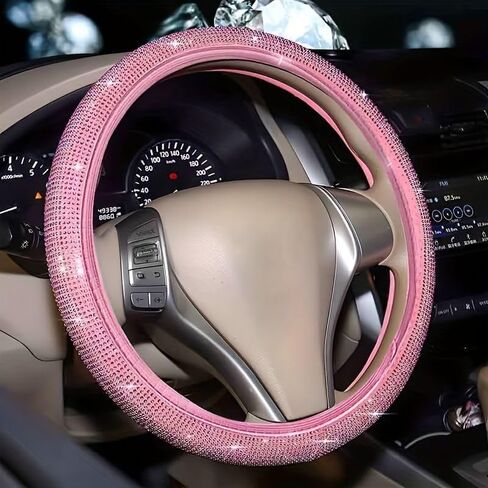 Pink Steering Wheel Cover， for Women Girls Cute Bling Accessories 15 Inch Universal Colorful Crystal Rhinestone Diamond Rainbow Anti-Slip Wheel Protector in Kuwait