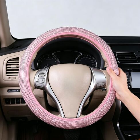 Pink Steering Wheel Cover， for Women Girls Cute Bling Accessories 15 Inch Universal Colorful Crystal Rhinestone Diamond Rainbow Anti-Slip Wheel Protector in Kuwait