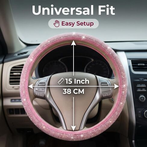 Pink Steering Wheel Cover， for Women Girls Cute Bling Accessories 15 Inch Universal Colorful Crystal Rhinestone Diamond Rainbow Anti-Slip Wheel Protector in Kuwait