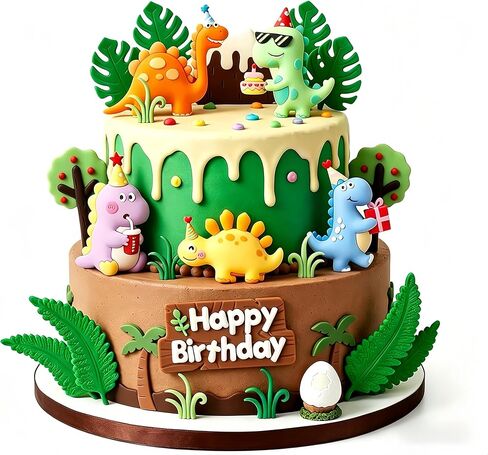 Dinosaur Cake Topper, Happy Birthday Theme, Jungle Party Decoration with Colorful Dino Figures in Saudi Arabia