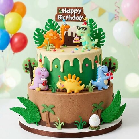 Dinosaur Cake Topper, Happy Birthday Theme, Jungle Party Decoration with Colorful Dino Figures in Saudi Arabia
