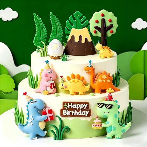 Dinosaur Cake Topper, Happy Birthday Theme, Jungle Party Decoration with Colorful Dino Figures in Saudi Arabia
