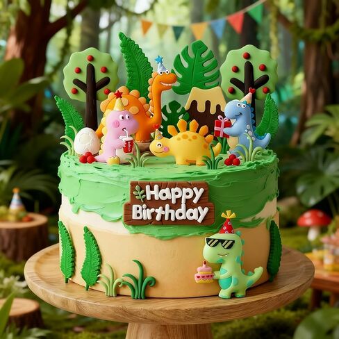 Dinosaur Cake Topper, Happy Birthday Theme, Jungle Party Decoration with Colorful Dino Figures in Saudi Arabia