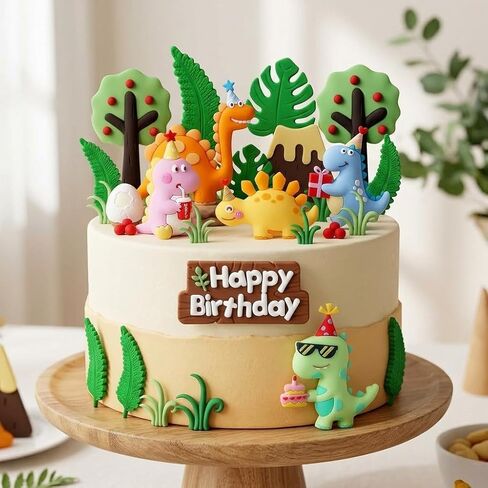 Dinosaur Cake Topper, Happy Birthday Theme, Jungle Party Decoration with Colorful Dino Figures in Saudi Arabia