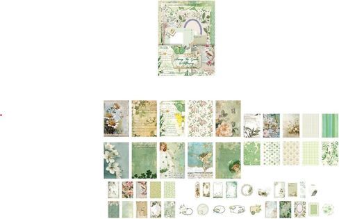 100Pcs Aesthetic Pastoral Scrapbooking Supplies Kit, Floral Decorative Paper with Labels for Junk Journals and DIY Crafts,Green in Kuwait
