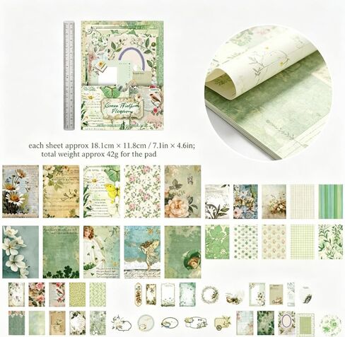 100Pcs Aesthetic Pastoral Scrapbooking Supplies Kit, Floral Decorative Paper with Labels for Junk Journals and DIY Crafts,Green in Kuwait