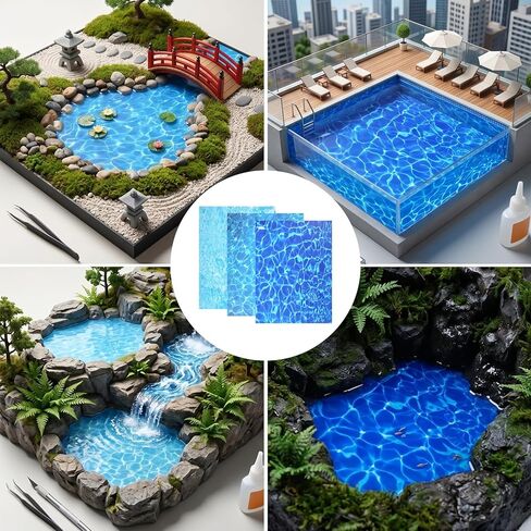6 Pcs Ripple Water Sticker, Artificial Water Effect Sheet Self Adhesive Coated Paper Waters Ripples Sticker Pearlescent Ripple Stream Sheet for Sand Table Model Decor Lake River Scenery in Kuwait
