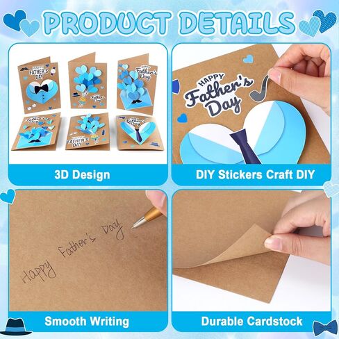 Yomjress 24 Sets Father's Day DIY Card Making Kit 3D Heart Tie Trophy Greeting Cards with Envelope Stickers Fathers Day DIY Card Crafts for Gifts Exchange Best Dad Daddy Papa Party Favors in Saudi Arabia