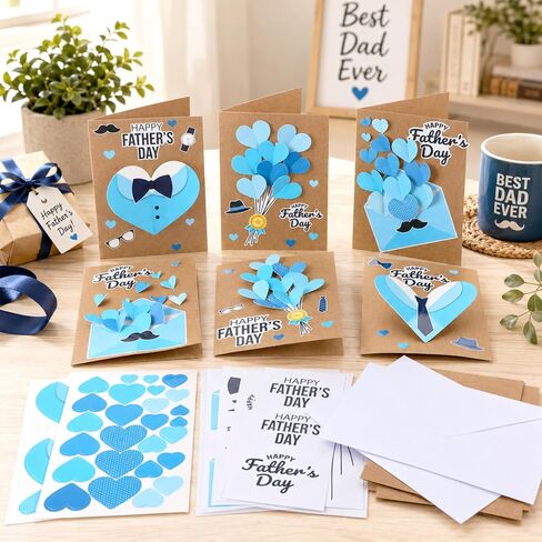 Yomjress 24 Sets Father's Day DIY Card Making Kit 3D Heart Tie Trophy Greeting Cards with Envelope Stickers Fathers Day DIY Card Crafts for Gifts Exchange Best Dad Daddy Papa Party Favors in Saudi Arabia