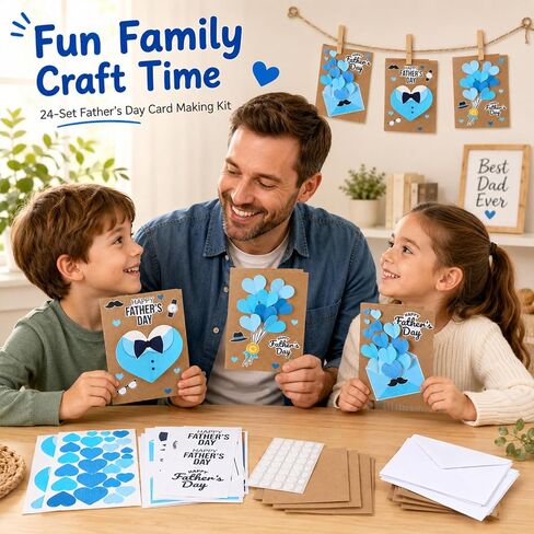 Yomjress 24 Sets Father's Day DIY Card Making Kit 3D Heart Tie Trophy Greeting Cards with Envelope Stickers Fathers Day DIY Card Crafts for Gifts Exchange Best Dad Daddy Papa Party Favors in Saudi Arabia