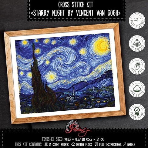 Povitrulya Counted Cross Stitch Kit for Adults 'Starry Night' by Vincent Van Gogh - Impressionist Art - Embroidery Set with Pattern, Famous Painting Design in Kuwait