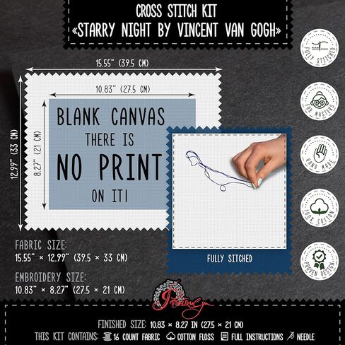 Povitrulya Counted Cross Stitch Kit for Adults 'Starry Night' by Vincent Van Gogh - Impressionist Art - Embroidery Set with Pattern, Famous Painting Design in Kuwait