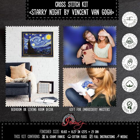 Povitrulya Counted Cross Stitch Kit for Adults 'Starry Night' by Vincent Van Gogh - Impressionist Art - Embroidery Set with Pattern, Famous Painting Design in Kuwait