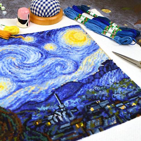 Povitrulya Counted Cross Stitch Kit for Adults 'Starry Night' by Vincent Van Gogh - Impressionist Art - Embroidery Set with Pattern, Famous Painting Design in Kuwait
