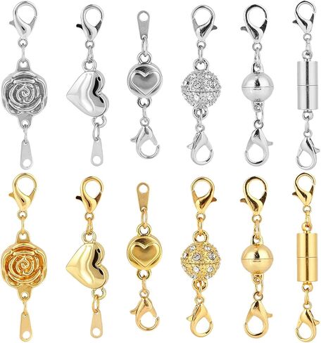12pcs Magnetic Necklace Clasps, Zinc Alloy Fashionable Jewelry Magnet Clips Connector Closures for Bracelet Necklace Anklet Chains Extender Accessories (Gold-Colored & Silver-Colored) in Kuwait