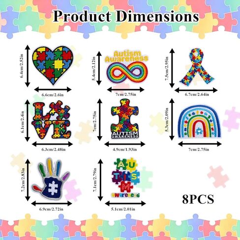 Autism Awareness Iron on Patches, 8PCS Puzzle Piece Embroidered Patches, Rainbow Infinity Love Ribbon Hand Heart Designs, Sew/Iron On Appliques for Clothes, Backpacks, Hats, DIY Decorations in Saudi Arabia