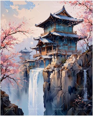 Chinese Art Paint by Numbers Kit for Adults on Wood Board – DIY Cherry Blossom Temple by Waterfall Wood Craft Painting Kit, 12 in Round, Acrylic Paint Set, Beginner-Friendly, Relaxing Home Decor Gift in Kuwait