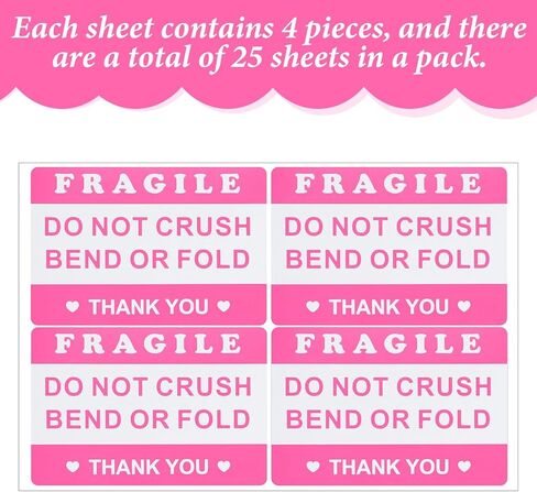 Mabor 100Pcs 2"x3" Pink Fragile Sticker, Do Not Crush Bend or Fold Labels Stickers, Adhesive Fragile Stickers for Shipping Moving Mailing Cartons Envelops in Kuwait