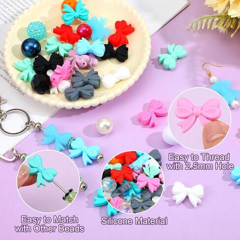 Molain 30 قطعة 3D القوس سيليكون الخرز، متعدد الألوان Bowknot سيليكون القوس البؤري الخرزة سحر لسلسلة المفاتيح DIY الحرف مستلزمات صناعة المجوهرات in Kuwait